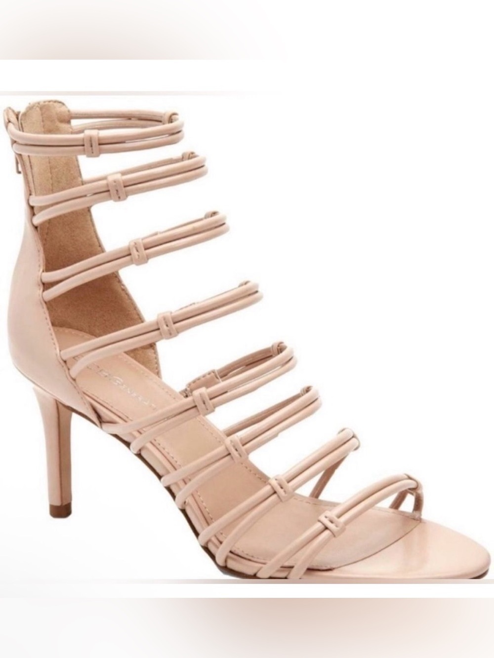 Like New BCBGeneration Maria Nude Beige Stiletto Zip-Up Strappy Heels- Size 10